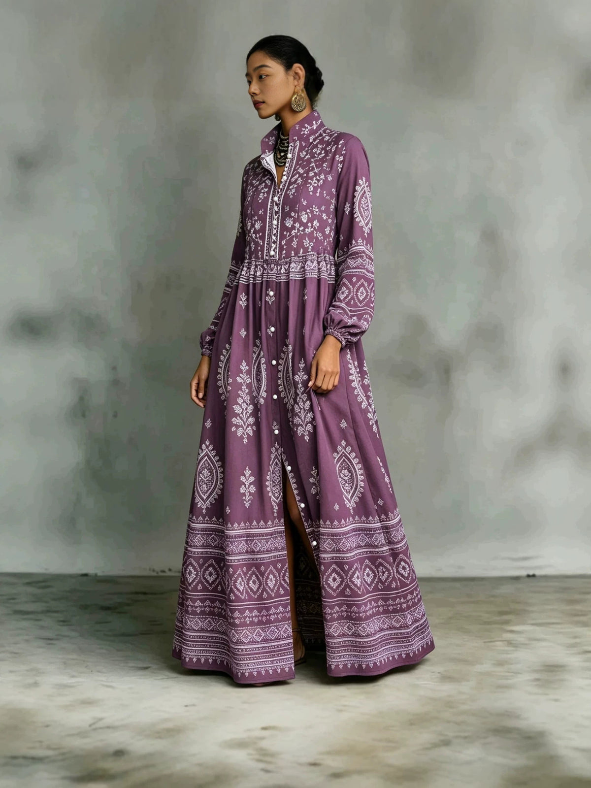 Bedrucktes Langarmkleid mit Seitentaschen im Boho-Stil