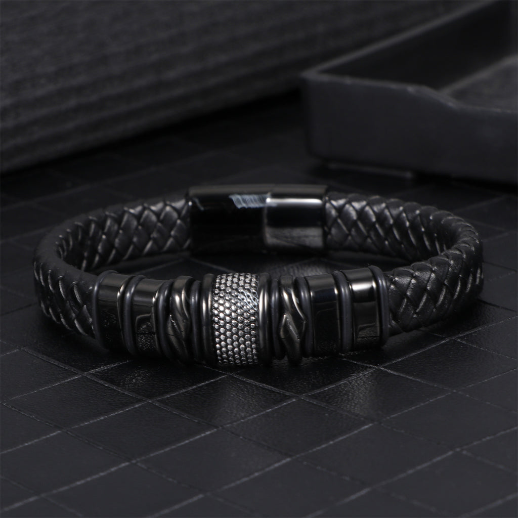 Men's business leather bracelet, simple stainless steel magnetic bracelet, fashionable and versatile trendy woven leather bracelet