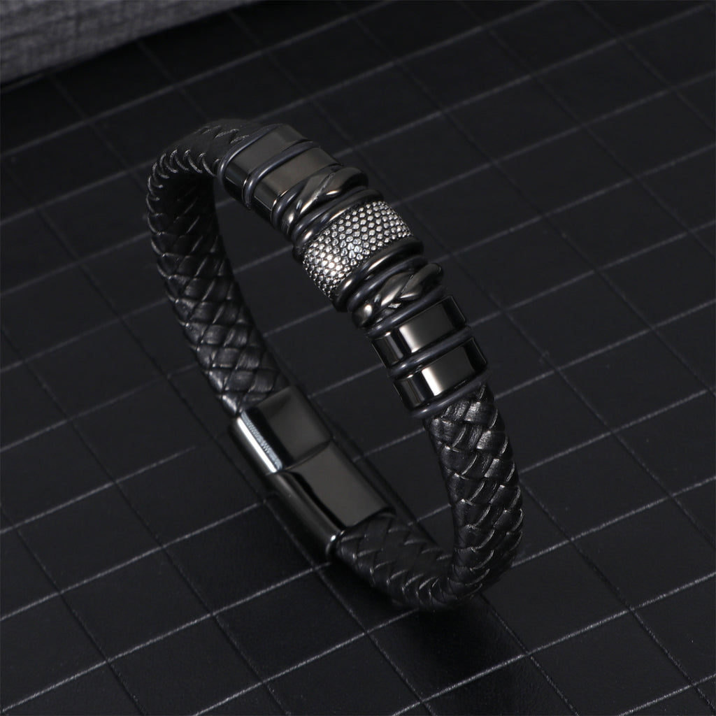 Men's business leather bracelet, simple stainless steel magnetic bracelet, fashionable and versatile trendy woven leather bracelet