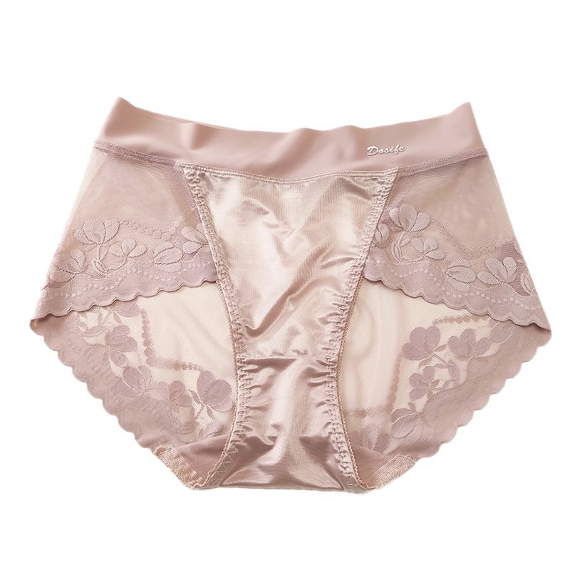 Ladies' high-waisted lace satin thong with abdominal and hip support, featuring a pure cotton crotch.