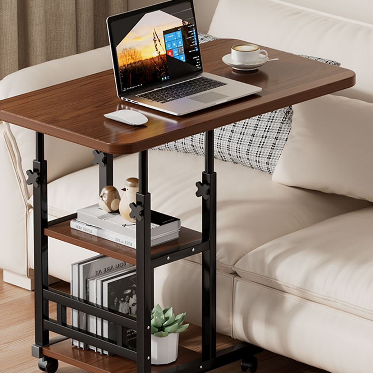 Höhenverstellbarer Schreibtisch auf Rollen mit Ablageflächen