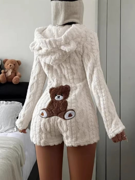 Damen Freizeit Einfarbiger Kapuzenpullover Langarm Plüsch-Jumpsuit