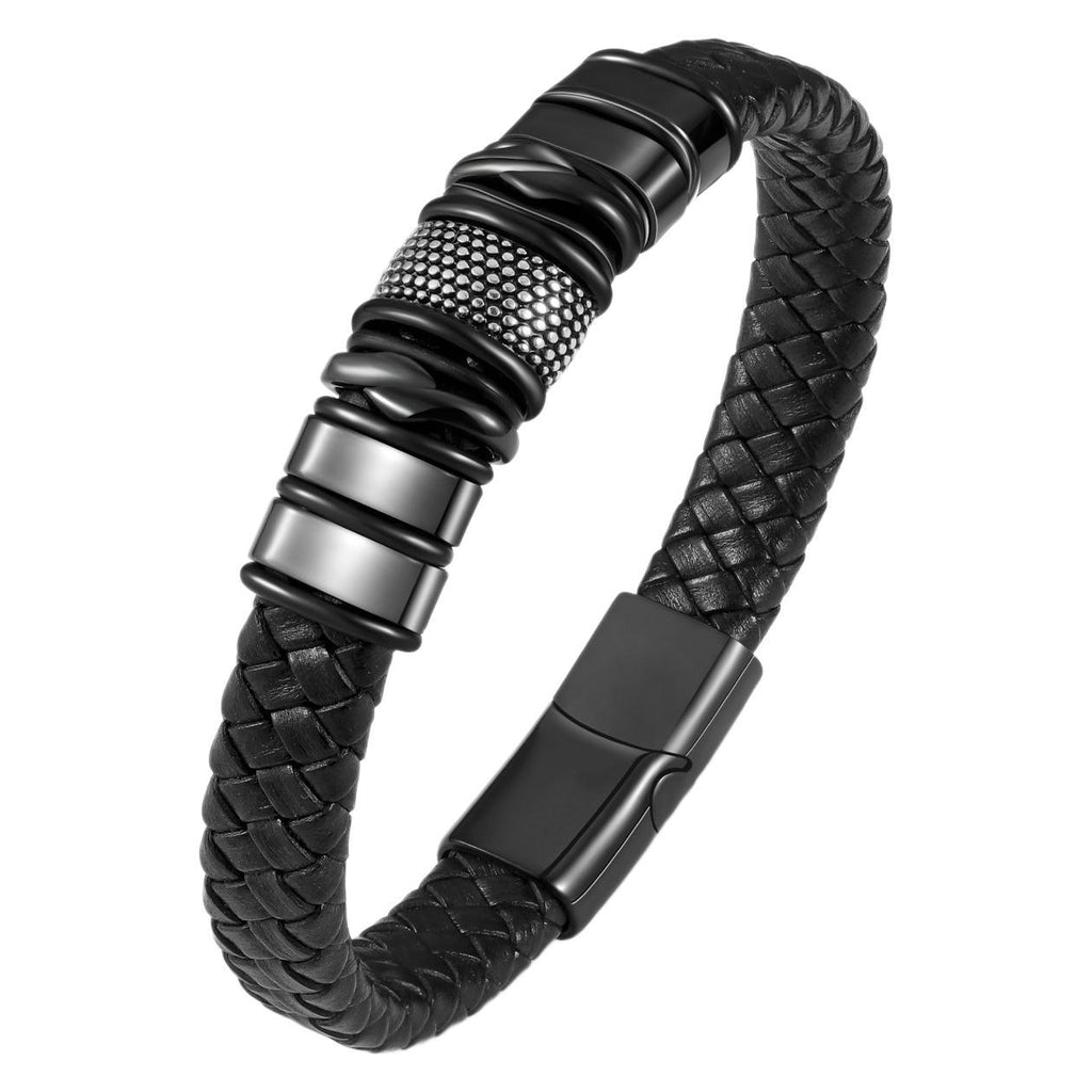 Men's business leather bracelet, simple stainless steel magnetic bracelet, fashionable and versatile trendy woven leather bracelet