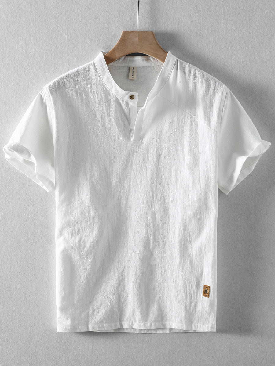 Men's Short-Sleeve Linen Stand Collar Shirt