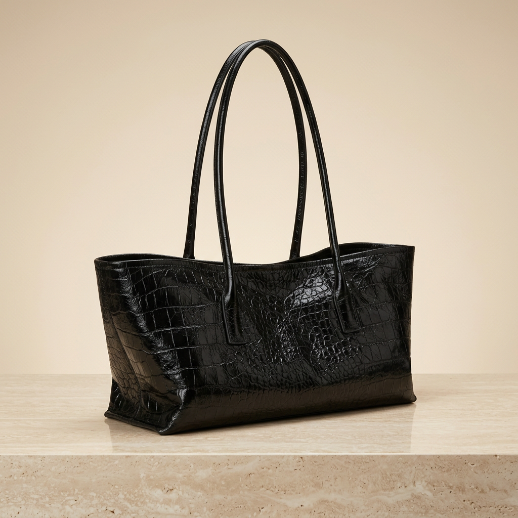 Bolsa negra con textura de cocodrilo en un ambiente de boutique