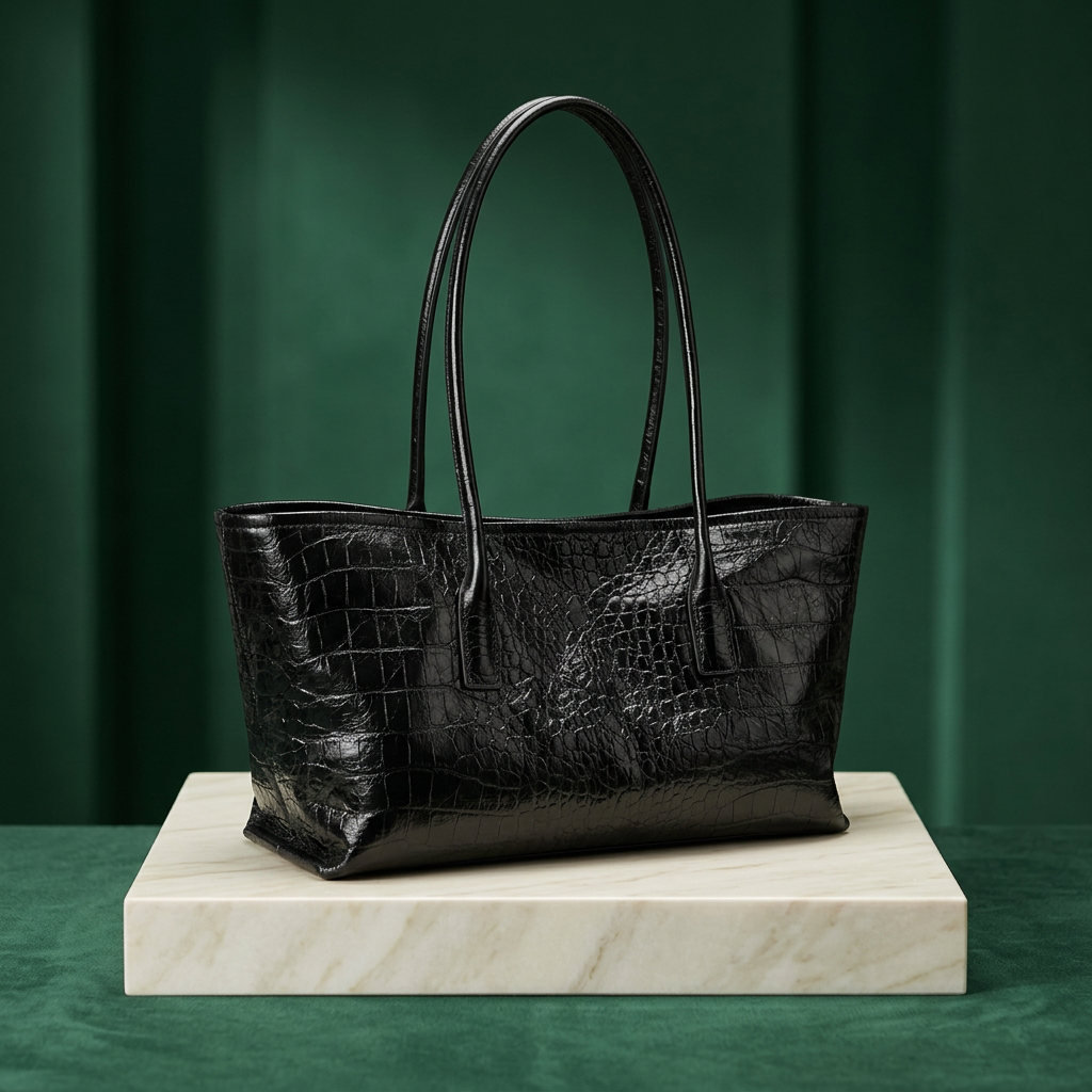 Bolsa negra sobre mármol con fondo verde esmeralda