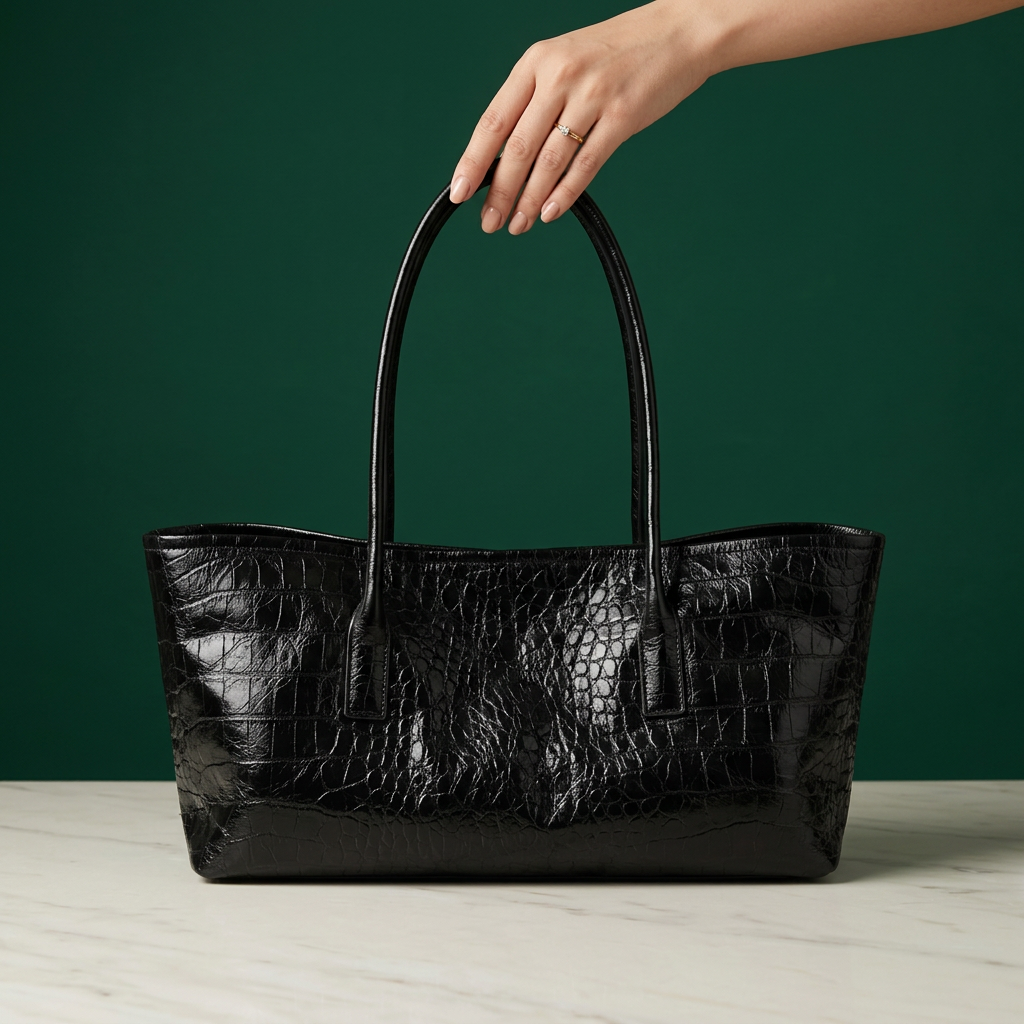 Bolsa negra sostenida por una mano con anillo elegante