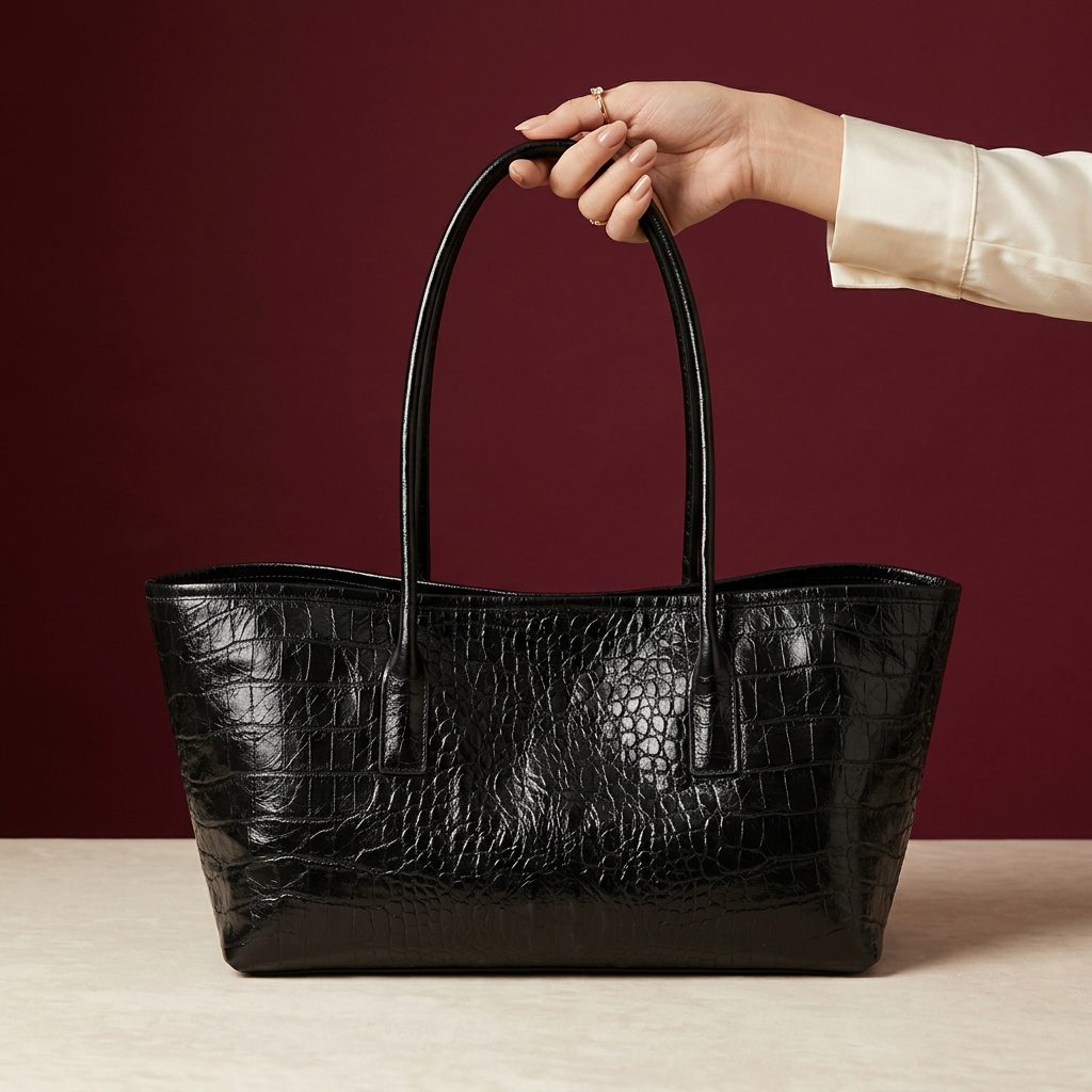 Bolsa negra sostenida por una mano con anillo sobre fondo burdeos