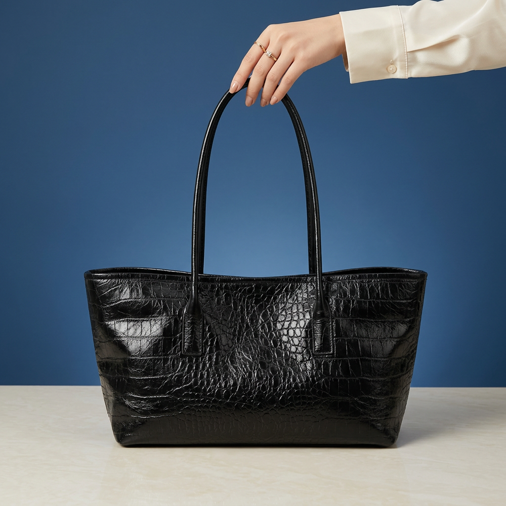 Bolsa negra sostenida por una mano sobre fondo azul zafiro