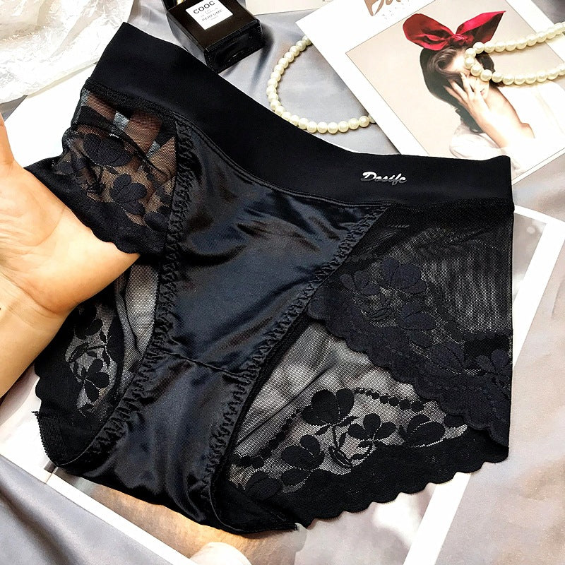 Ladies' high-waisted lace satin thong with abdominal and hip support, featuring a pure cotton crotch.