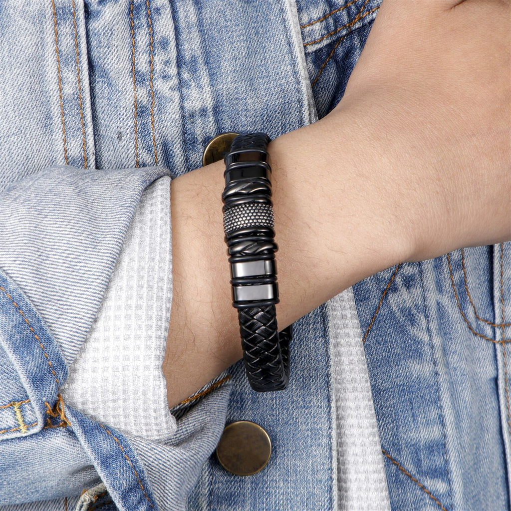 Men's business leather bracelet, simple stainless steel magnetic bracelet, fashionable and versatile trendy woven leather bracelet