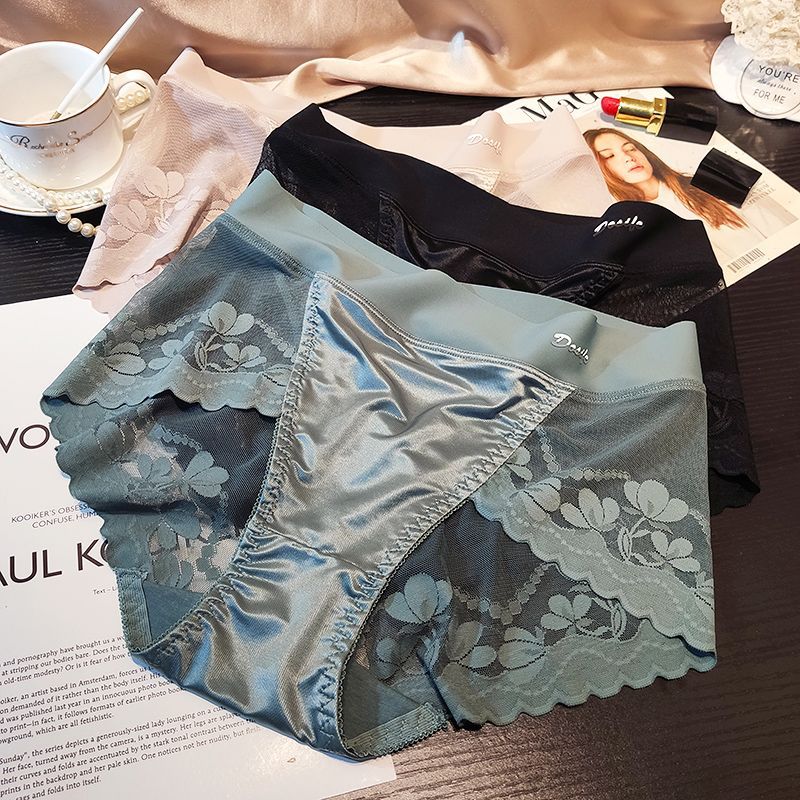 Ladies' high-waisted lace satin thong with abdominal and hip support, featuring a pure cotton crotch.