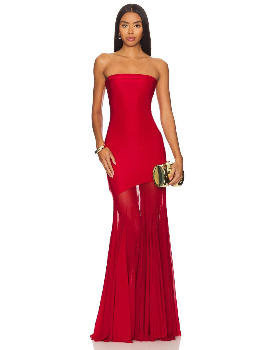 Einfarbiges langes Kleid mit weitem Rock