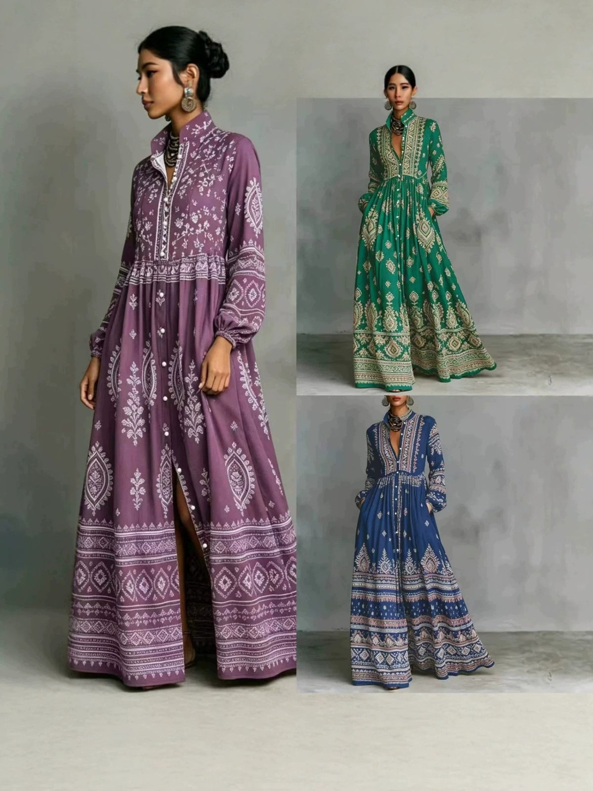 Bedrucktes Langarmkleid mit Seitentaschen im Boho-Stil