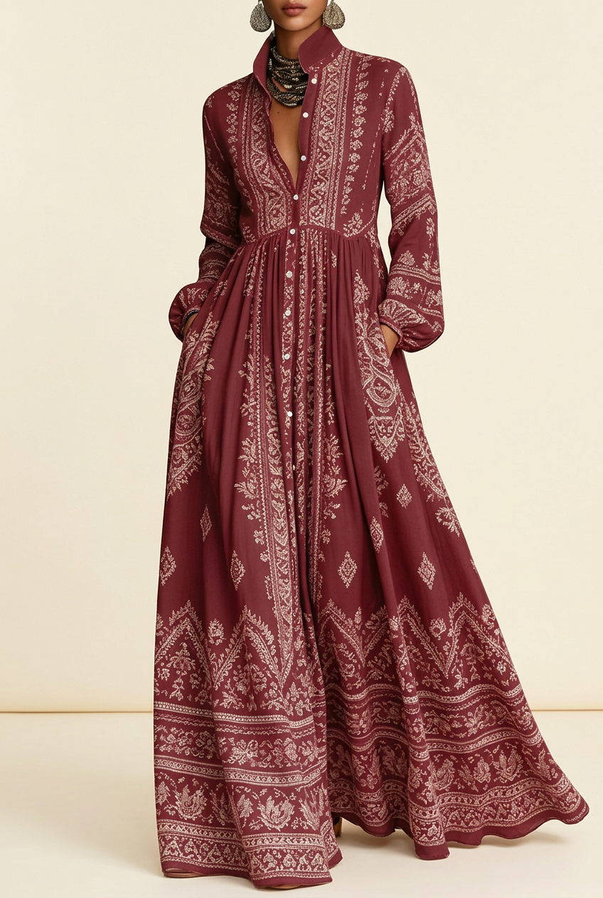 Vestido boho burdeos sobre fondo marfil